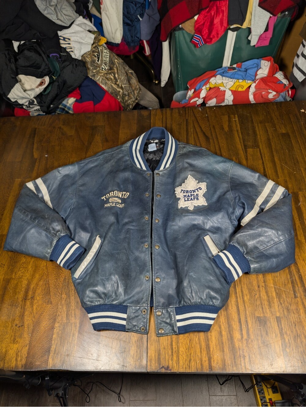 Vtg Roots Toronto Maple Leafs Leather Jacket Blue Varsity Bomber NHL Hockey